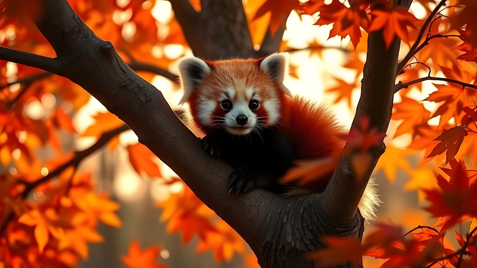 Cute Red Panda Perched on Maple Tree Branch