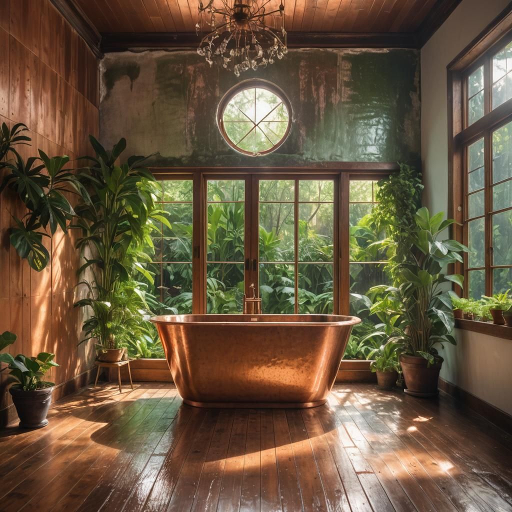 Sunlit Copper Bathtub Oasis with Green Plants