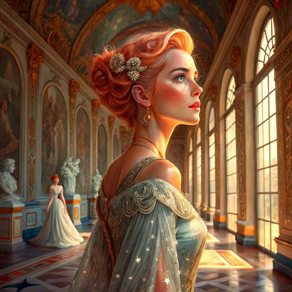 Elegant Woman with Rose Gold Hair in Rococo Style