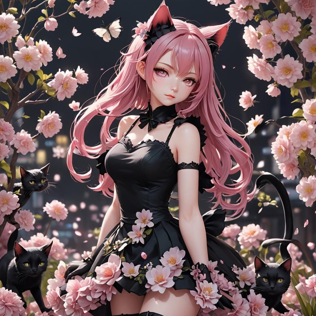 Anime Catgirl in Flowery Setting