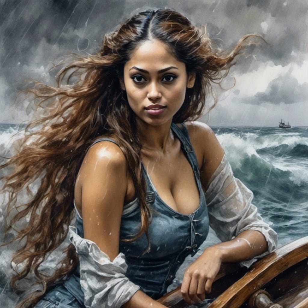 Shipwrecked Woman in Stormy Ocean: Watercolor Portrait