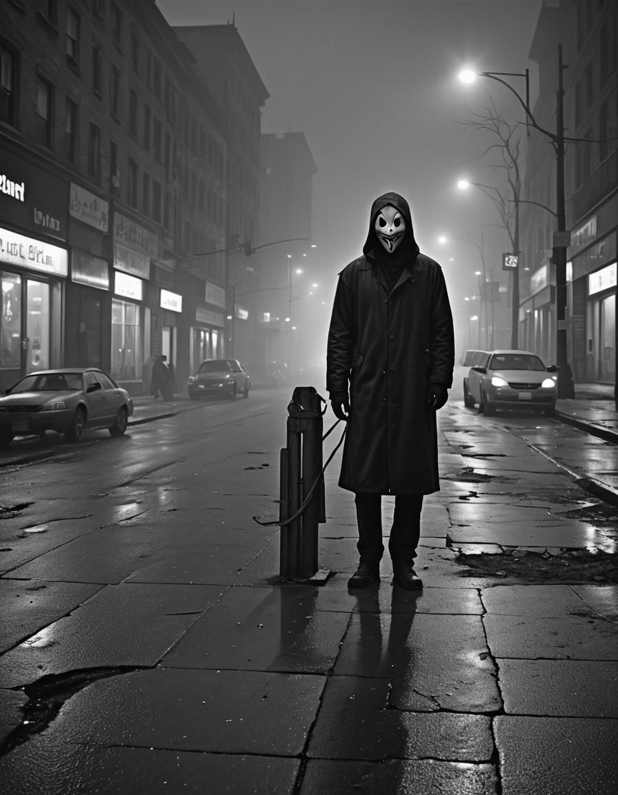Eerie Masked Figure in Abandoned Cityscape