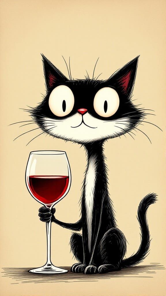 Quirky Cat Sips Red Wine in Vintage Cartoon Style