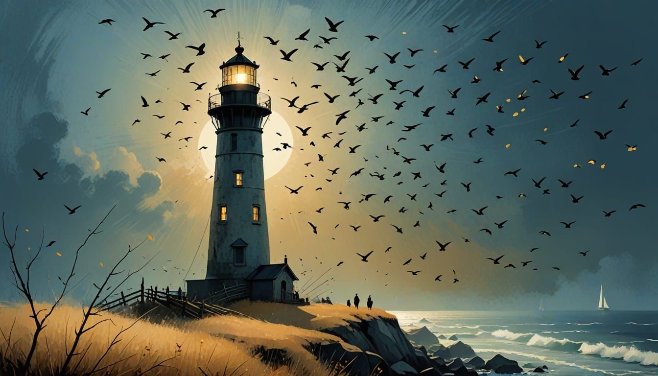 Birds on Barbed Wire with Lighthouse: Dreamlike Digital Art