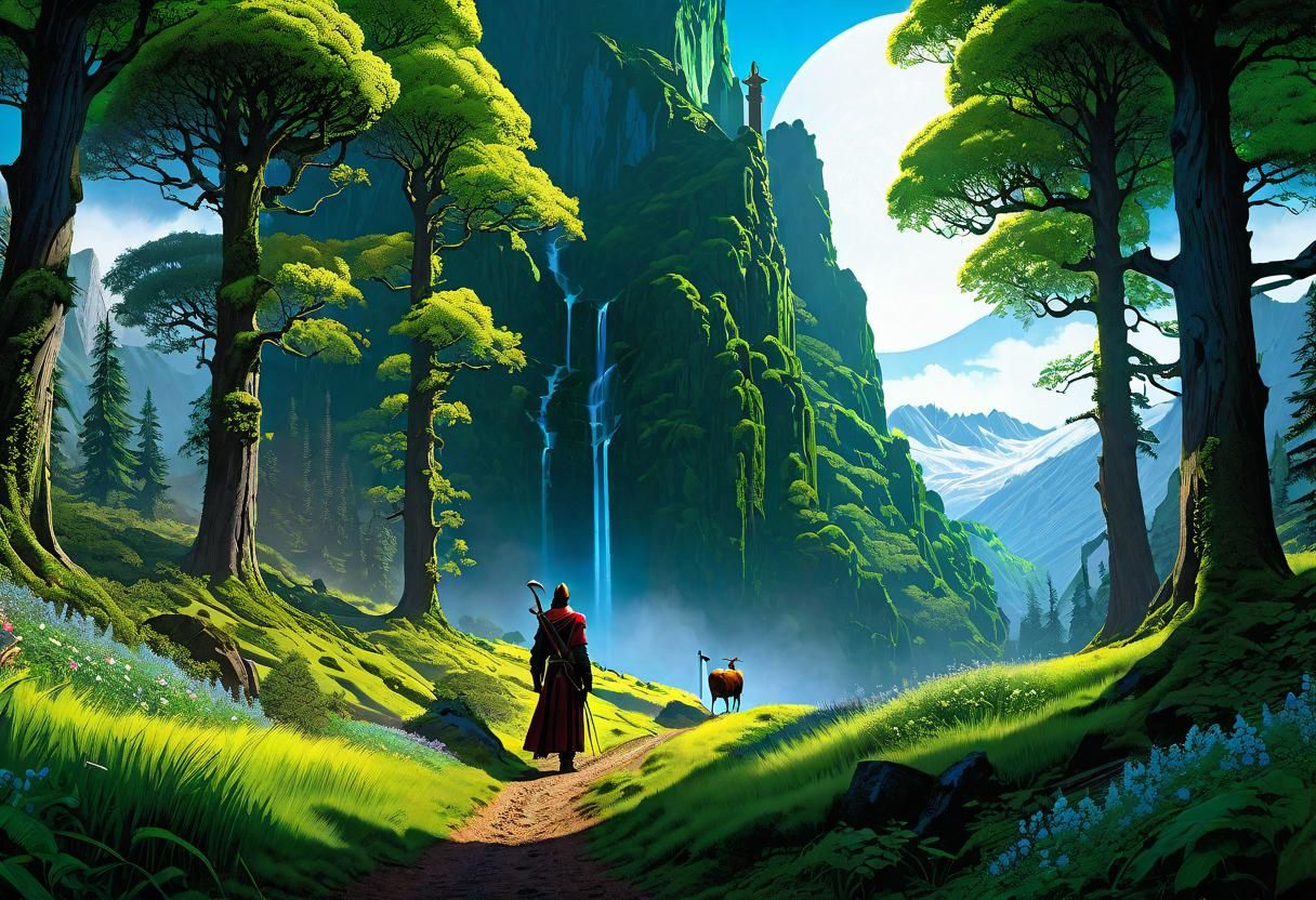 Lush Green Forest with Jesus as Shepherd, Wildflowers and Wa...