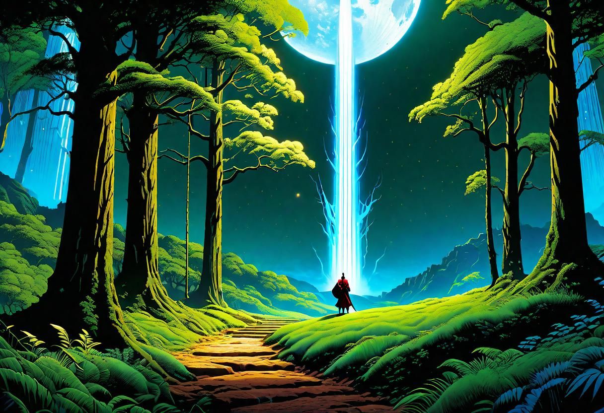 Jesus the Shepherd in Lush Forest, Impasto Gouache Style