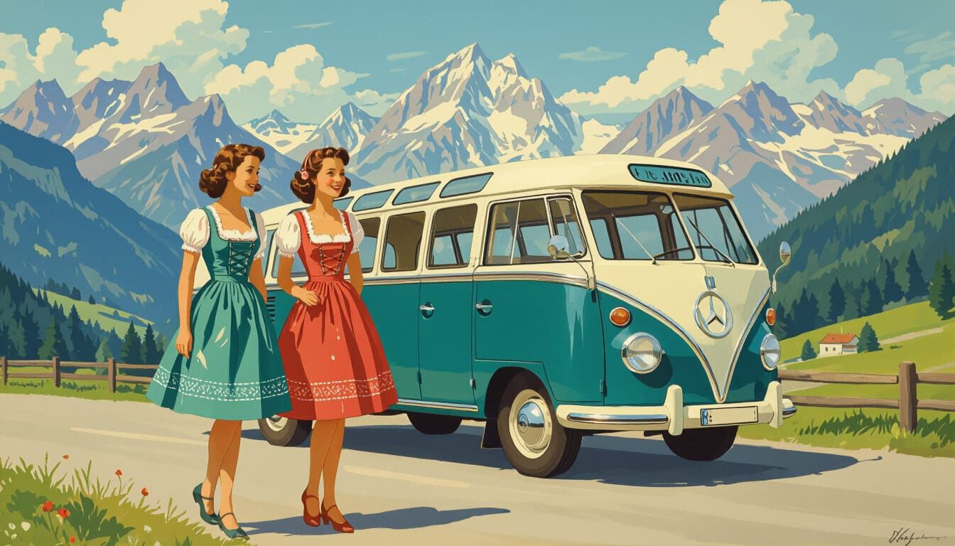 Dirndl Girls & Vintage Bus in Alps, 1950s Poster Style