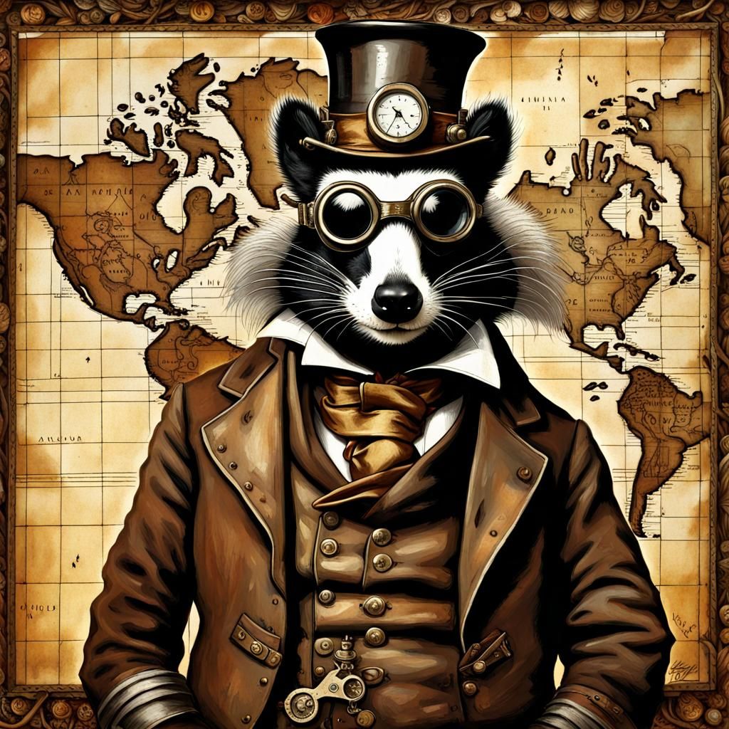 Steampunk Skunk Portrait in Antique Oil Painting Style