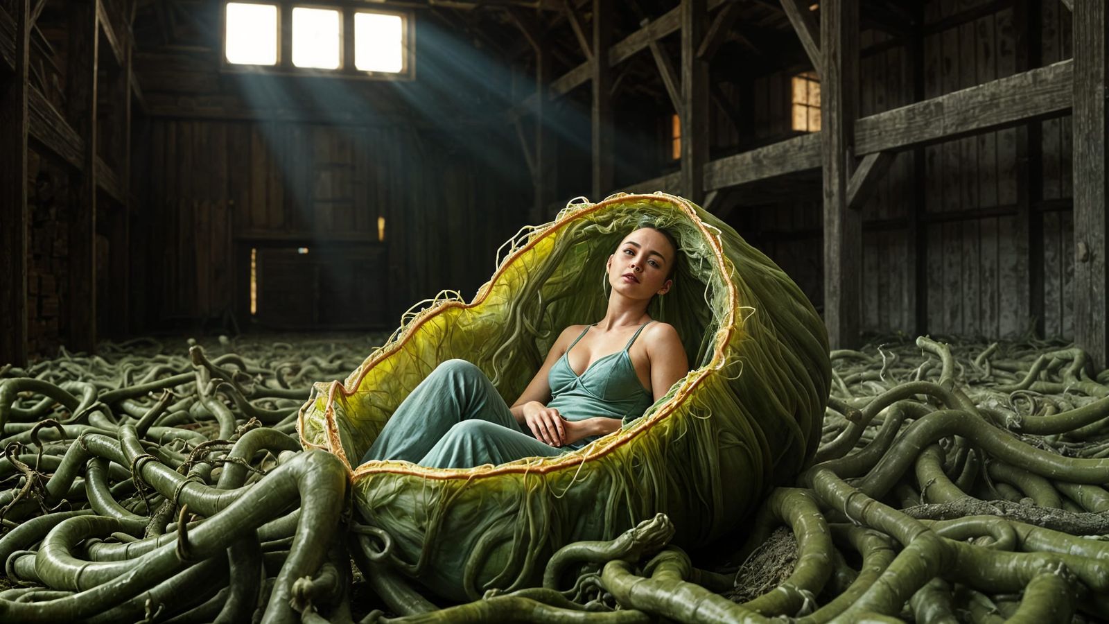 Bald Woman in Bio Pod in Ancient Barn