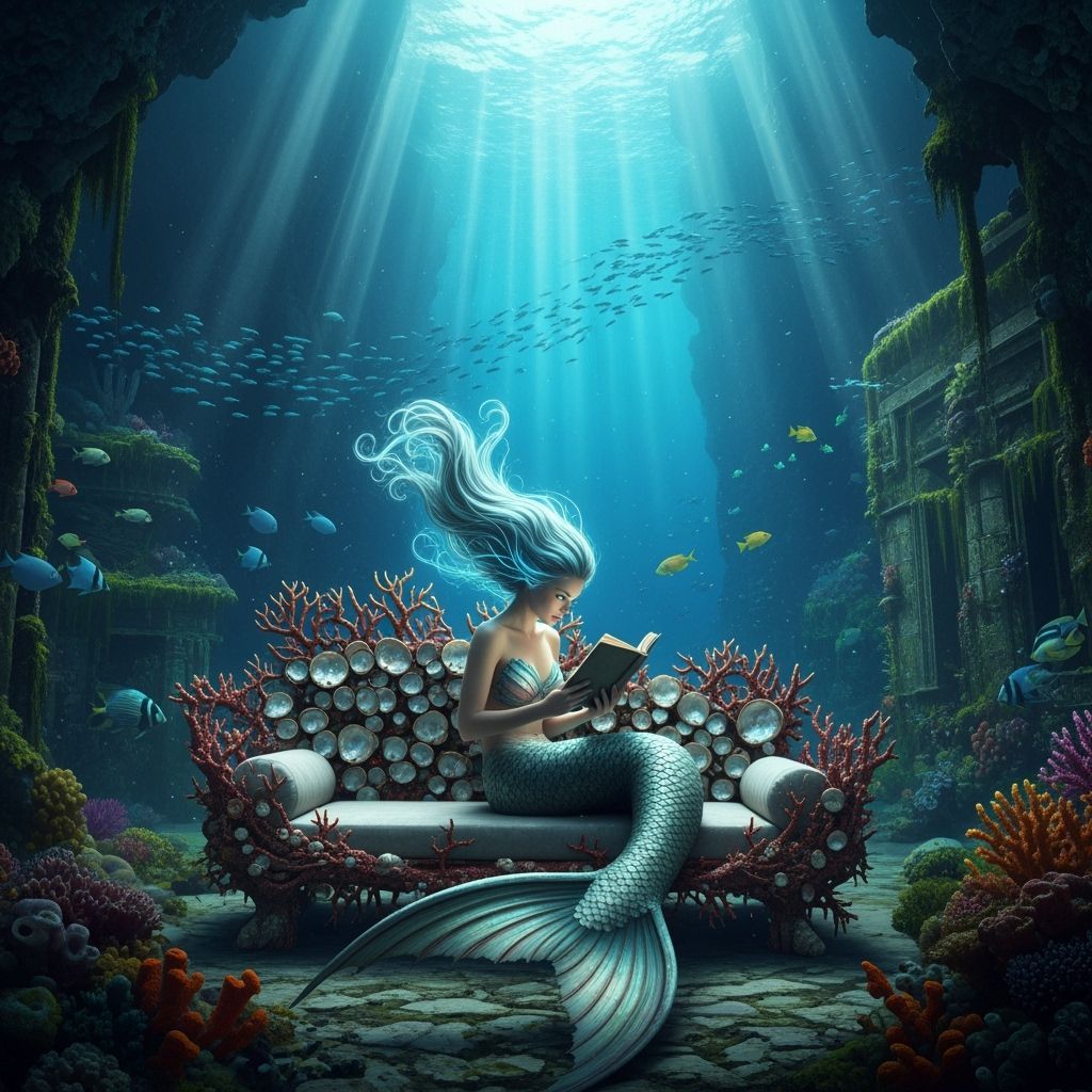 Mermaid Reading in Underwater Grotto