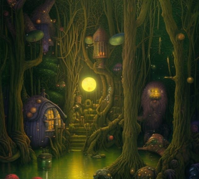 Magical Wizard's Hut in Swamp: Digital Illustration