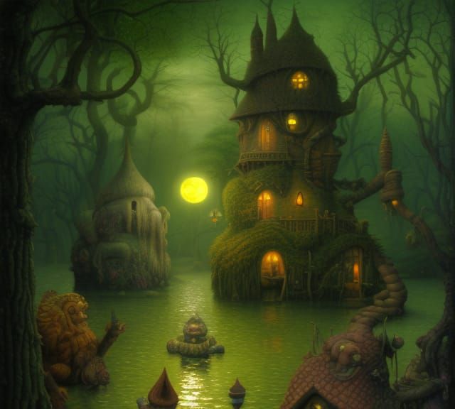 Magical Wizard's Hut in Swamp: Digital Illustration