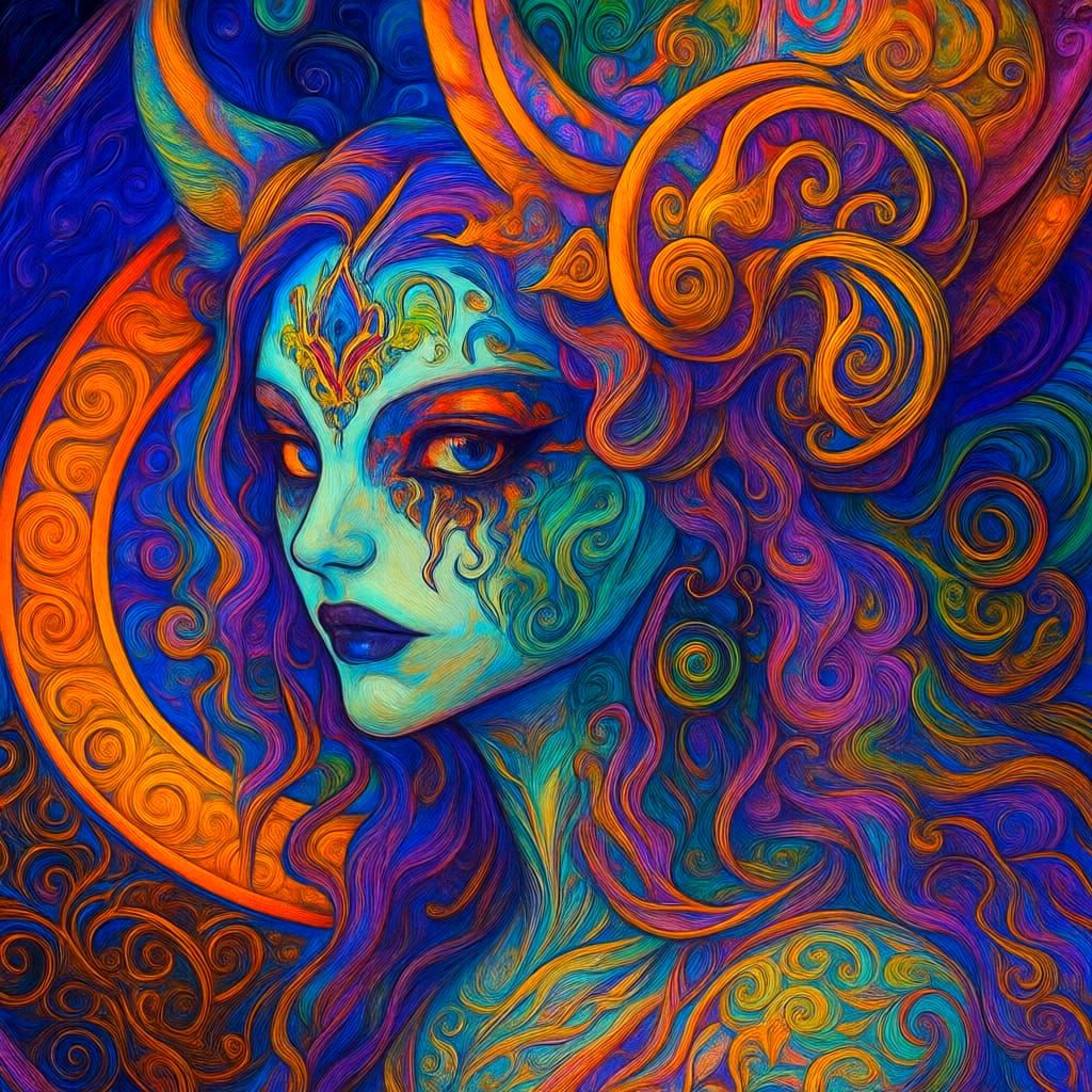 Psychedelic Animal Demon Close Up Painting With Ornate Line ...