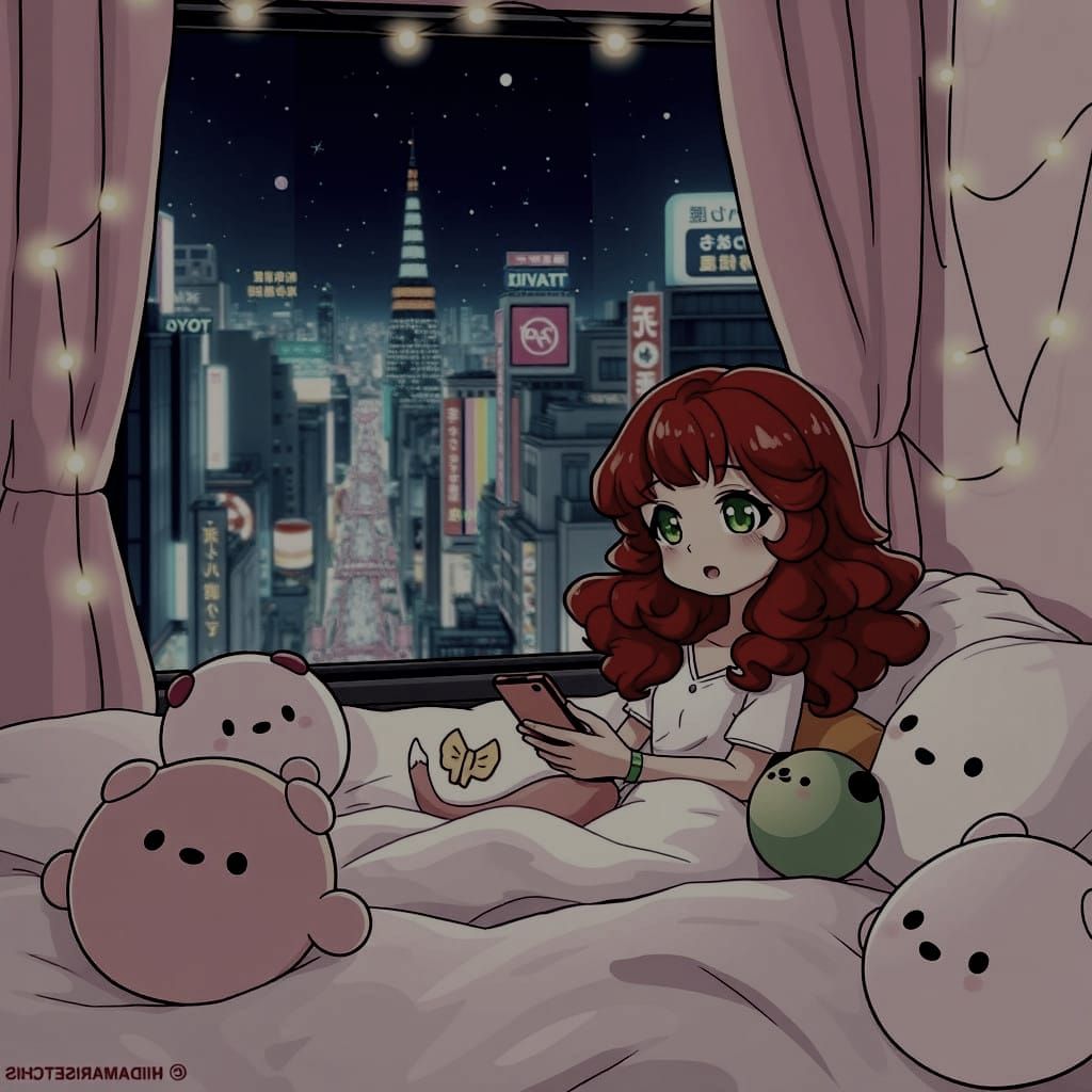 Chibi Girl in Tokyo Bedroom, Anime Style