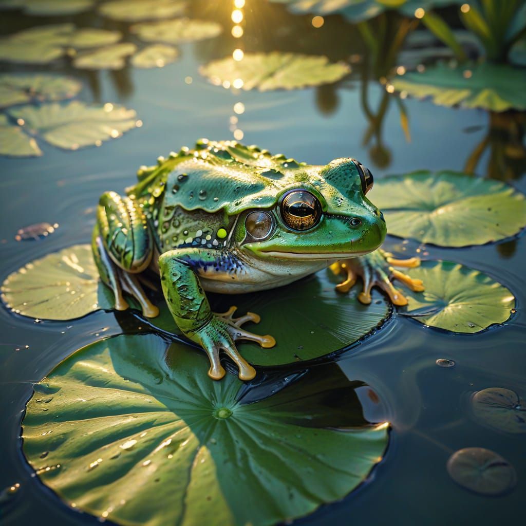 Dreamlike Frog on Lily Pad as Oil Painting