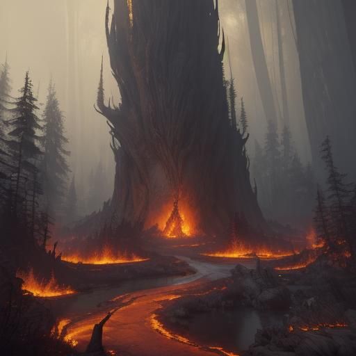 Fox in Burning Forest: Detailed Fantasy Concept Art