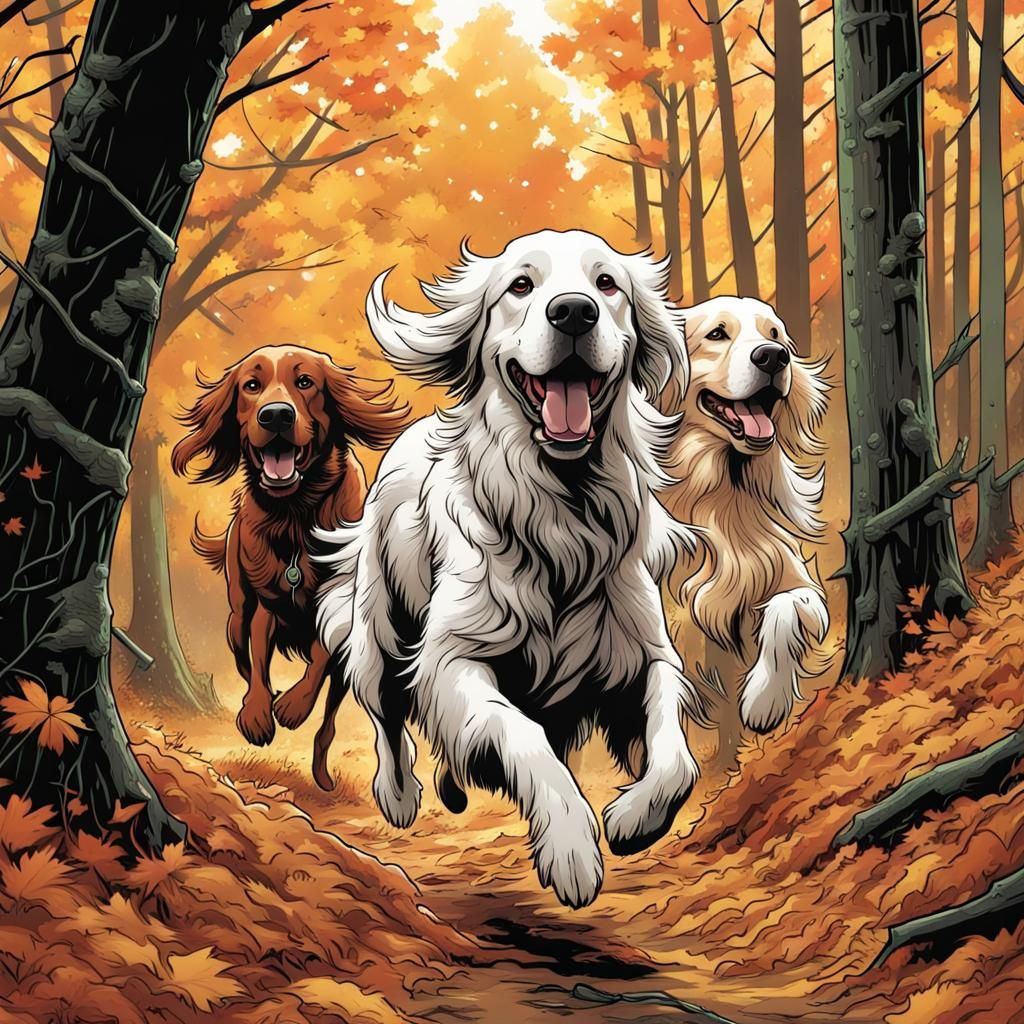 Golden Retriever and Setter Run: Comic Book Art
