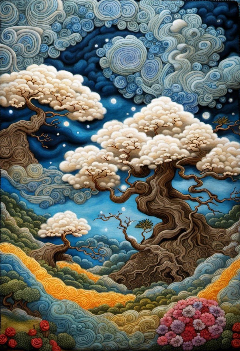 Dreamlike Bonsai Landscape with Swirling Clouds