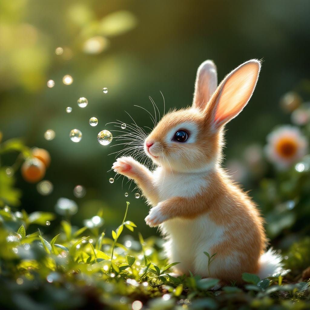 Playful Dewdrop Bunny in a Miniature Photograph