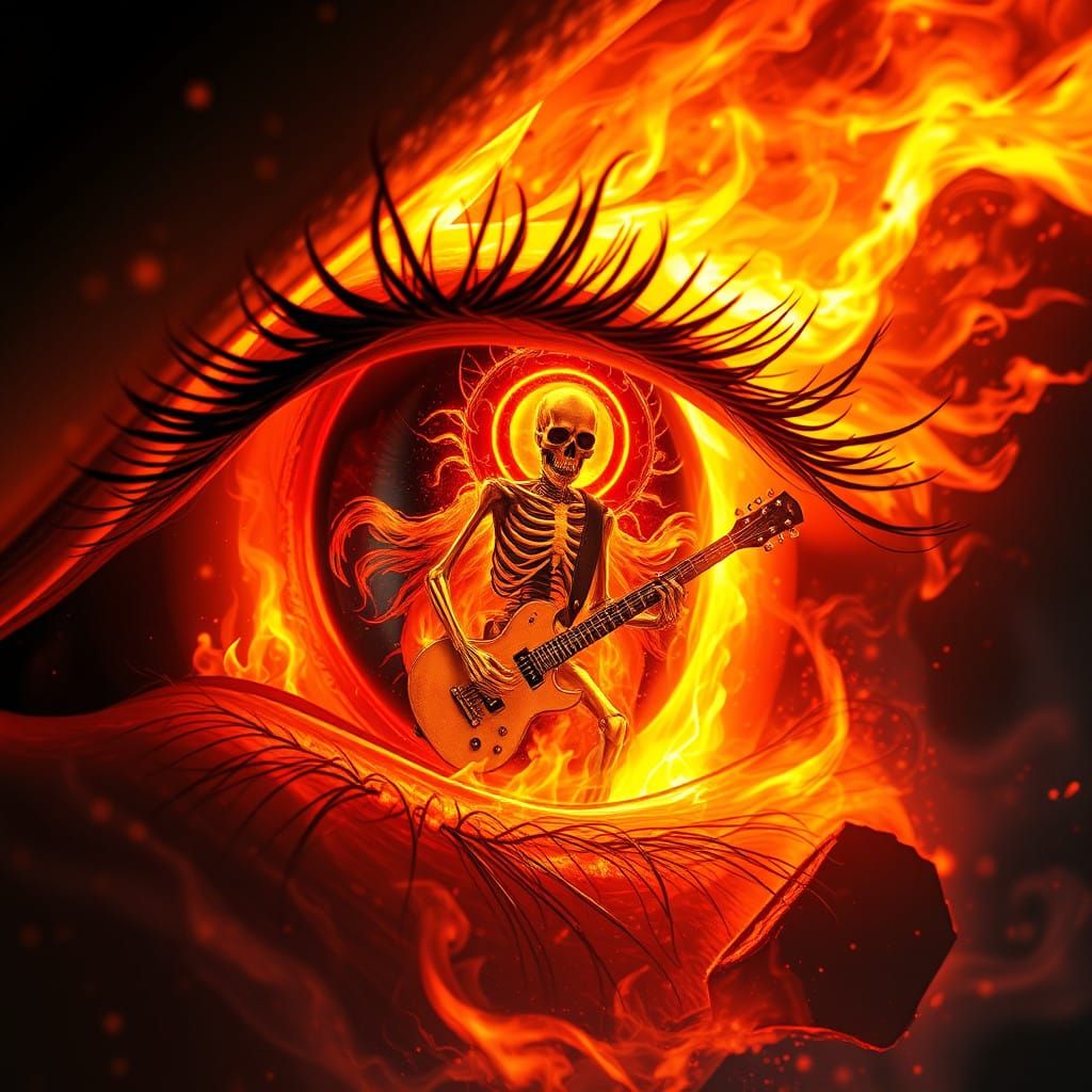 Infernal Eye Reflecting a Fiery Guitarist
