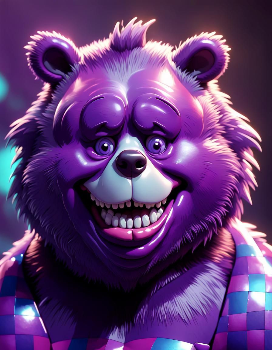 Wacky Purple Cartoon Bear Close-Up, Cel-Shaded Comic Art