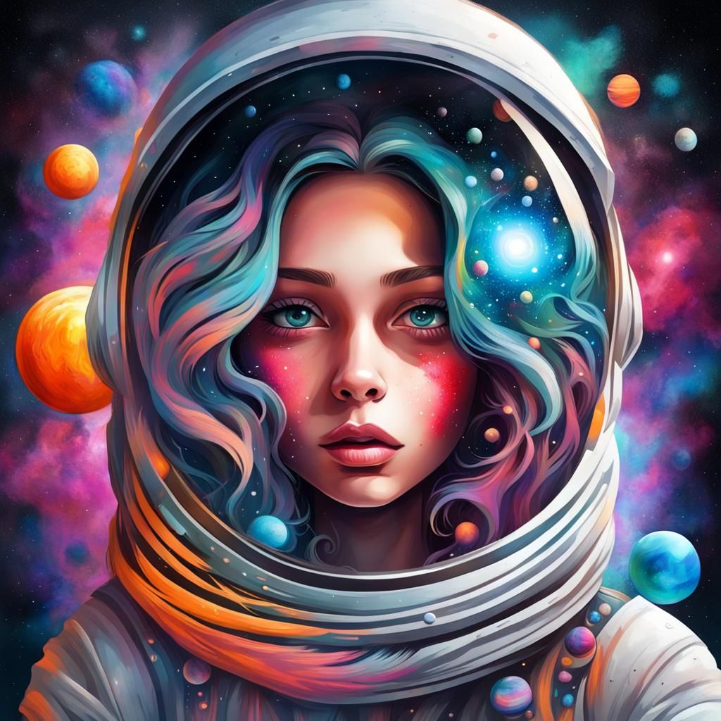 Girl in Space with Galaxy Hair, Graffiti Art
