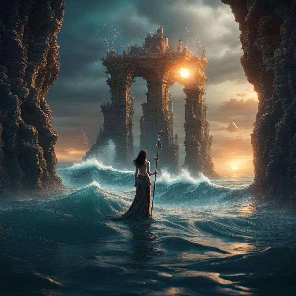 Ocean Portal with Woman and Staff in 3D