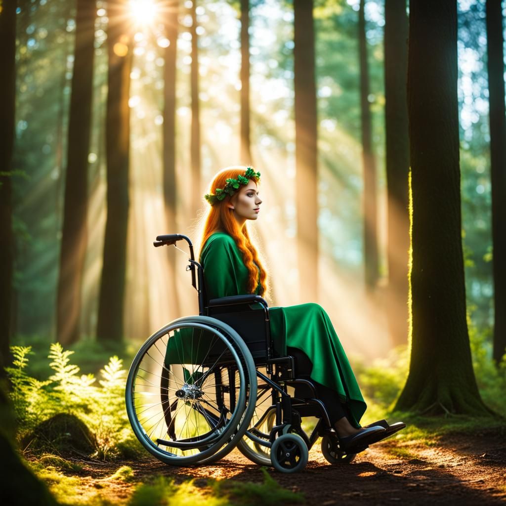 Lost Elf Girl in Wheelchair, Sunlit Forest