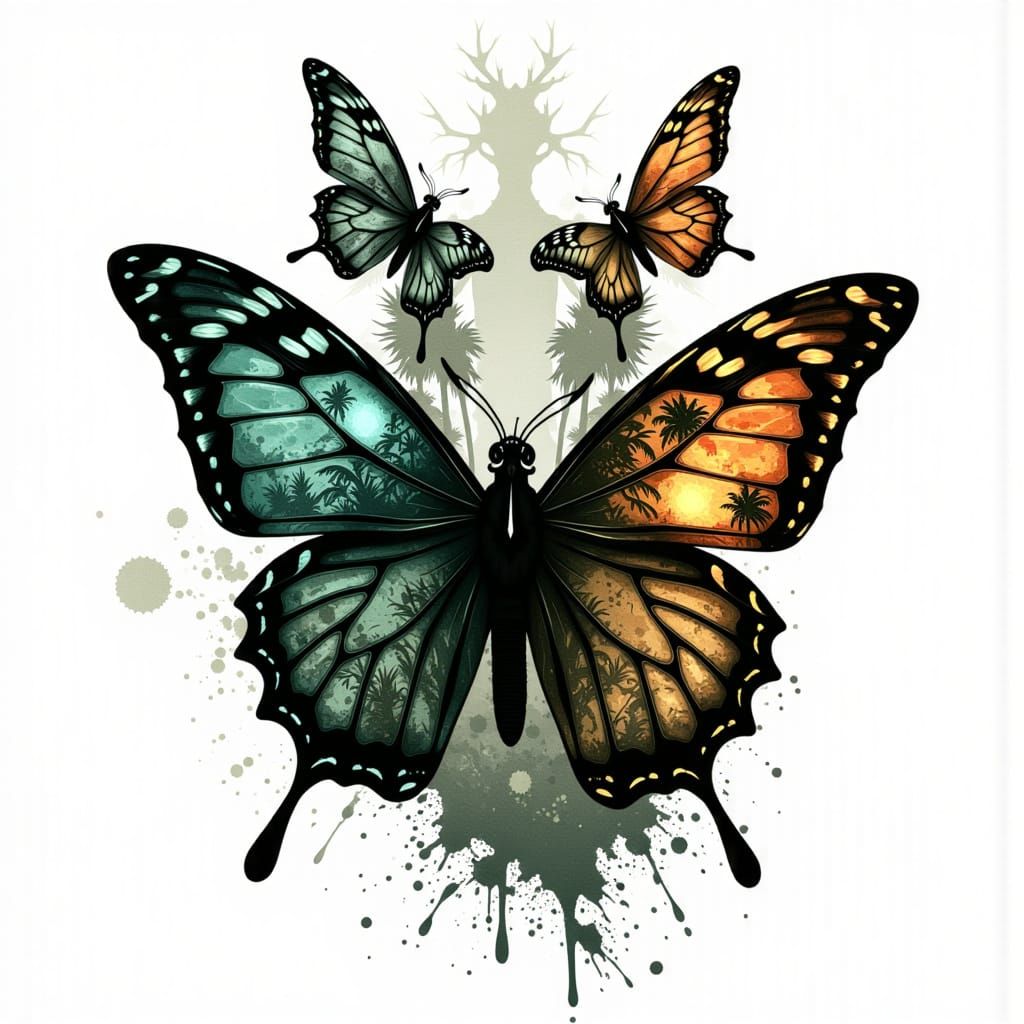 Jaguar and Butterflies Double Exposure in Jungle Nature