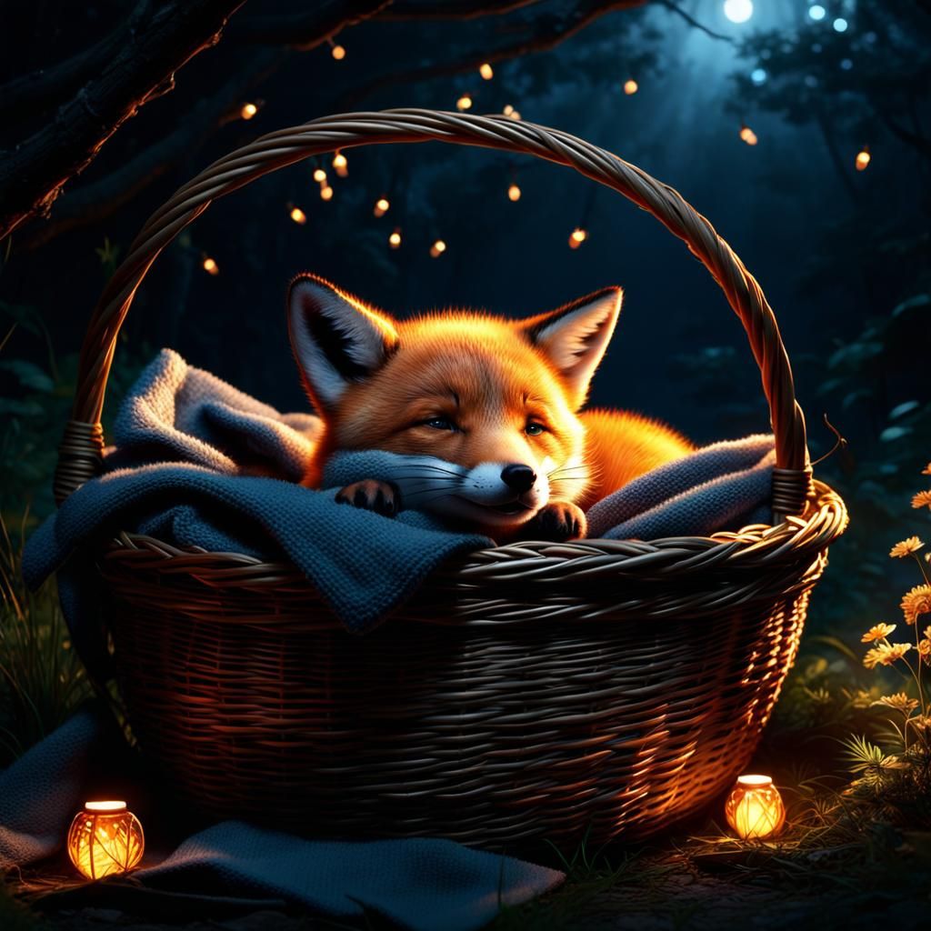 Sleeping Fox Pup in Basket: 3D Animation