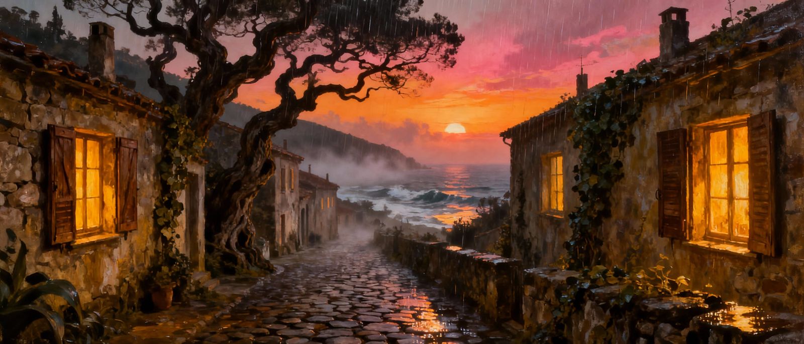 Old City Street at Sunset, Detailed Fantasy View