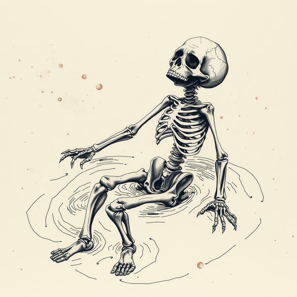 Decaying Skeleton in Water: Gothic Horror Sketch