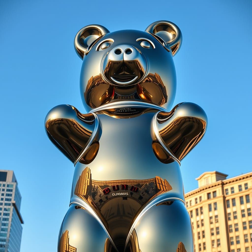 Giant statue of Gummy bear, metal, gold, background city