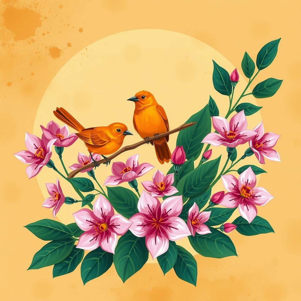 Whimsical Orange Birds on Pink Flowers with Gold Splatter
