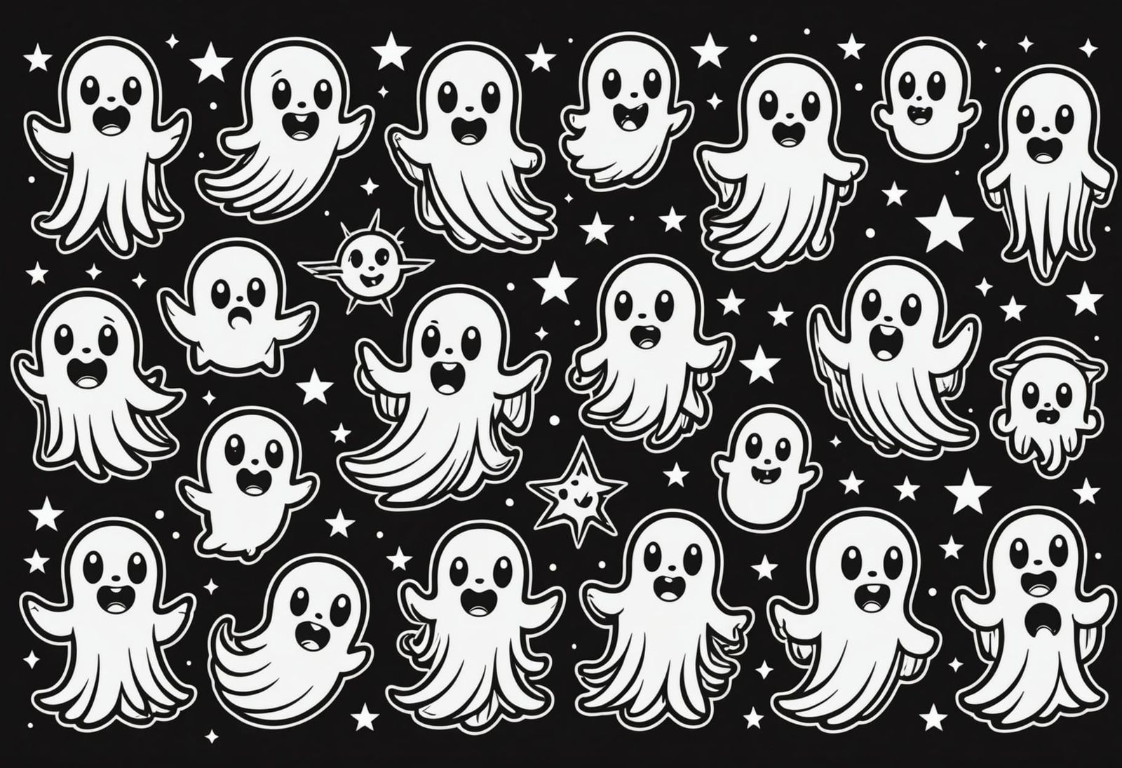 Cute Cartoon Ghosts Line Art Tattoo Flash Sheet