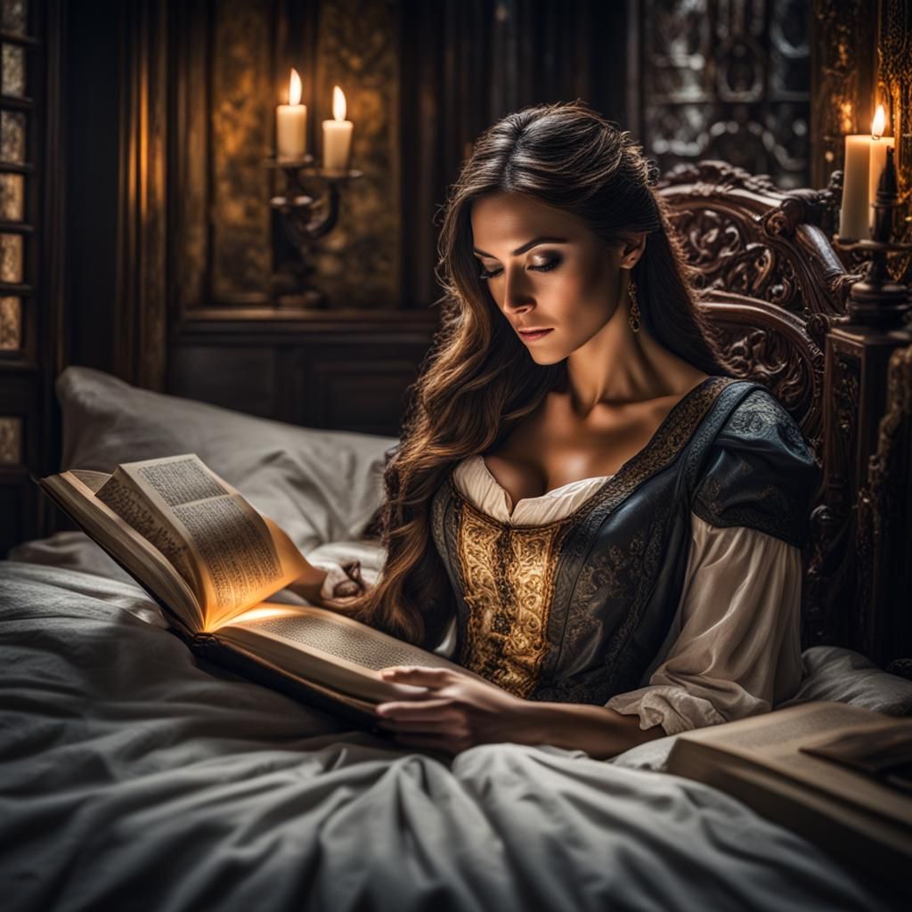 Hyperrealistic Woman Reading a Fantasy Book