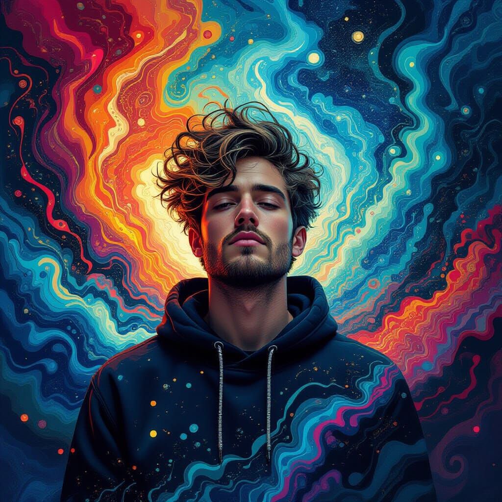 Person Surrounded by Swirling Patterns in Digital Art