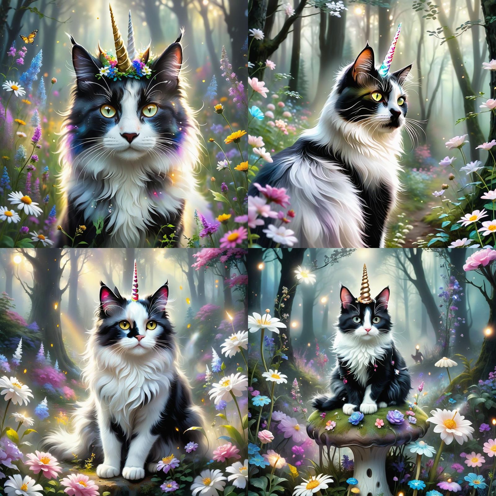 Unicorn Cat in Ethereal Flowery Forest