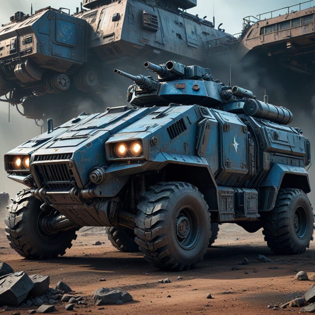 Futuristic concept art. Medium shot. Realistic sci-fi armored troop transport vehicle providing mobile protection on the...