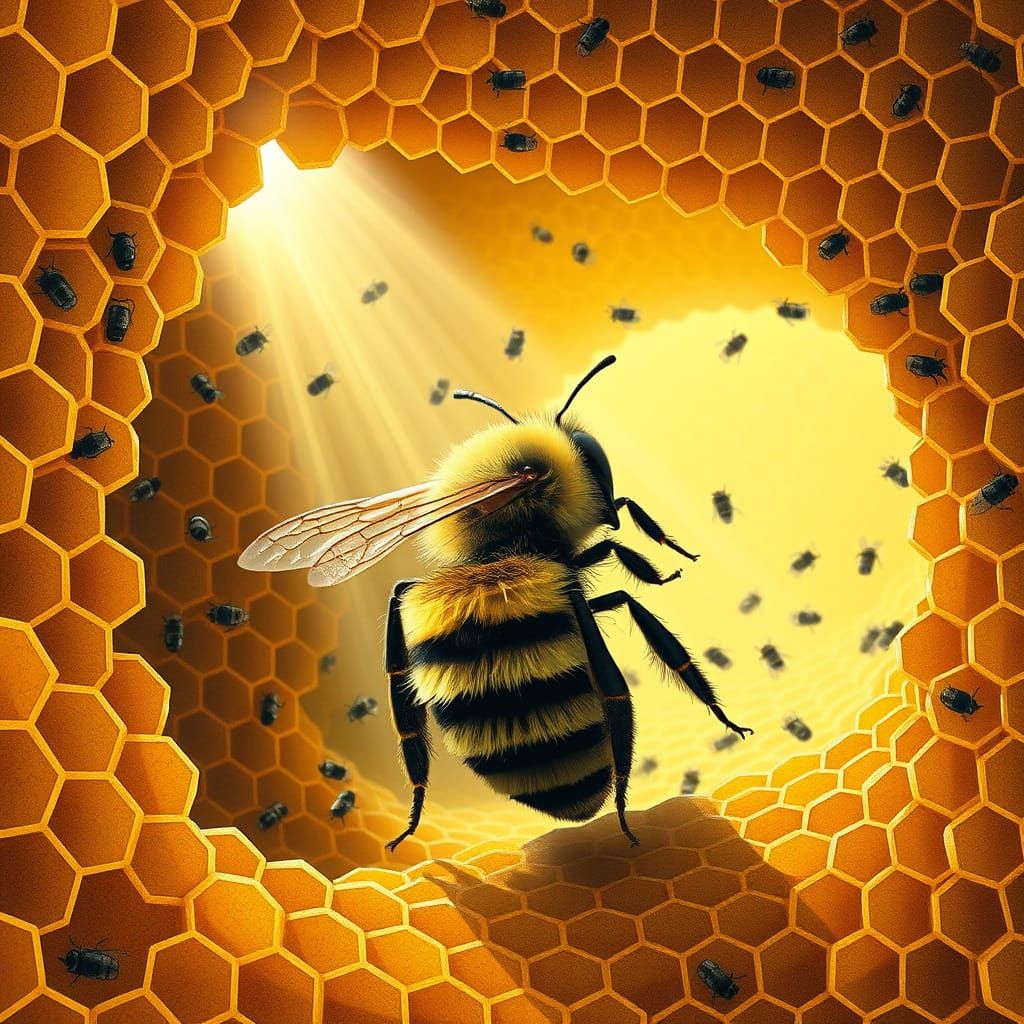 Intricate Beehive Scene in Whimsical Style