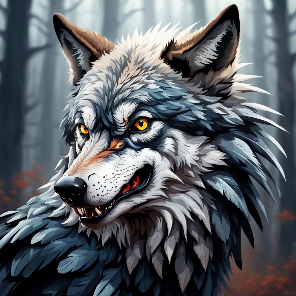 Terrifying Feathered Wolf Portrait with Beak