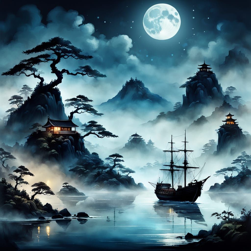 Mysterious Ship Approaches Misty Island in Sumi-e Style