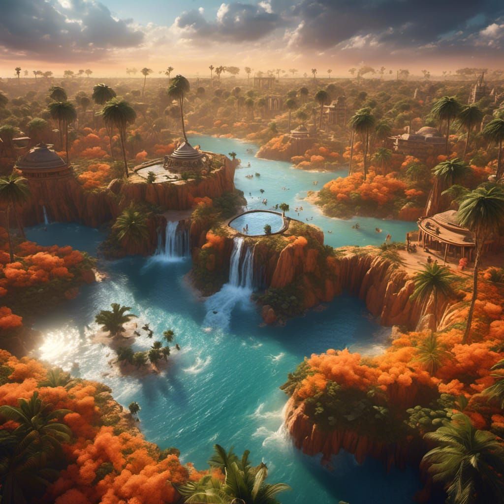 African Oasis Sunset with Lion and Capybara