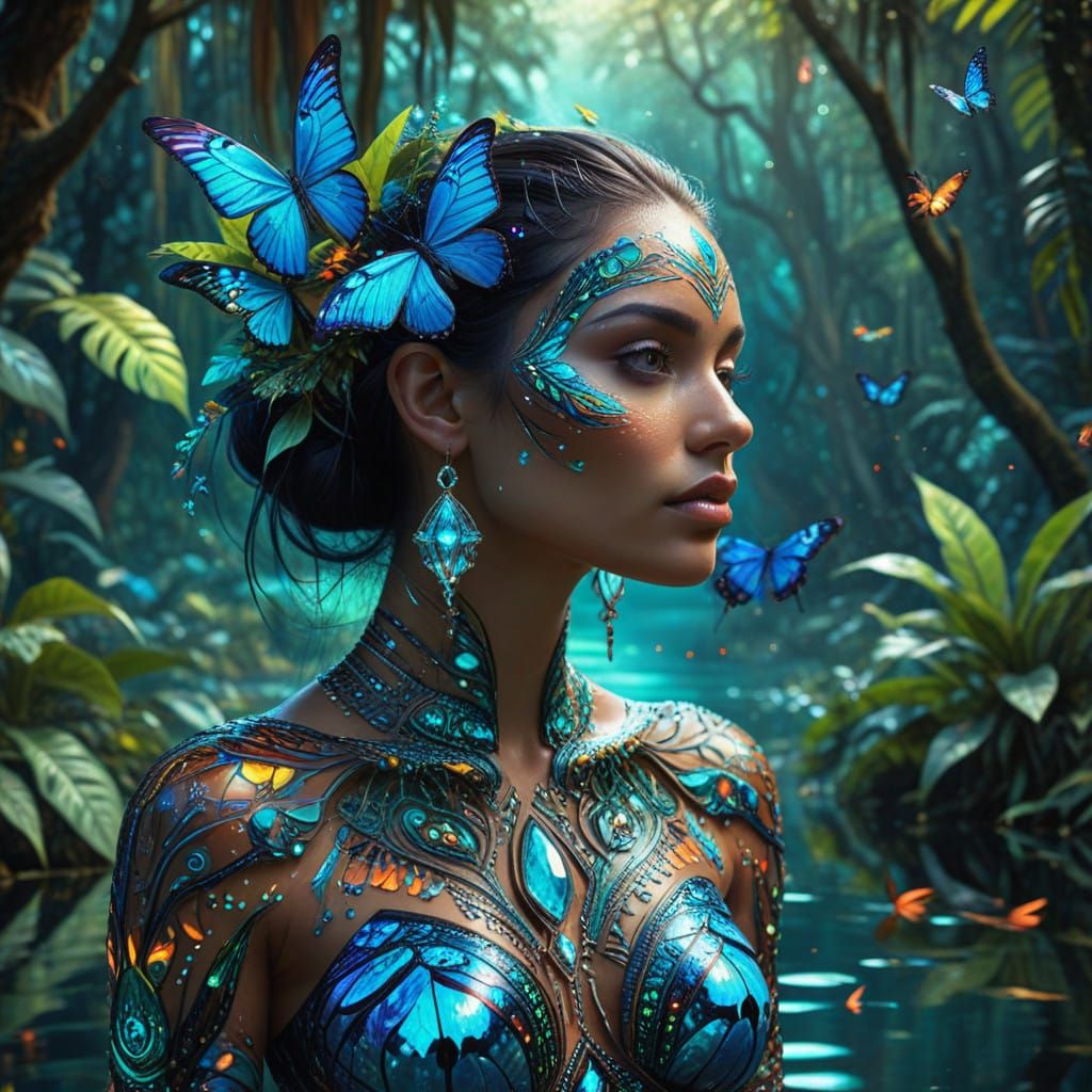 Ethereal Forest Scene with Mythical Creatures and Astral Wom...