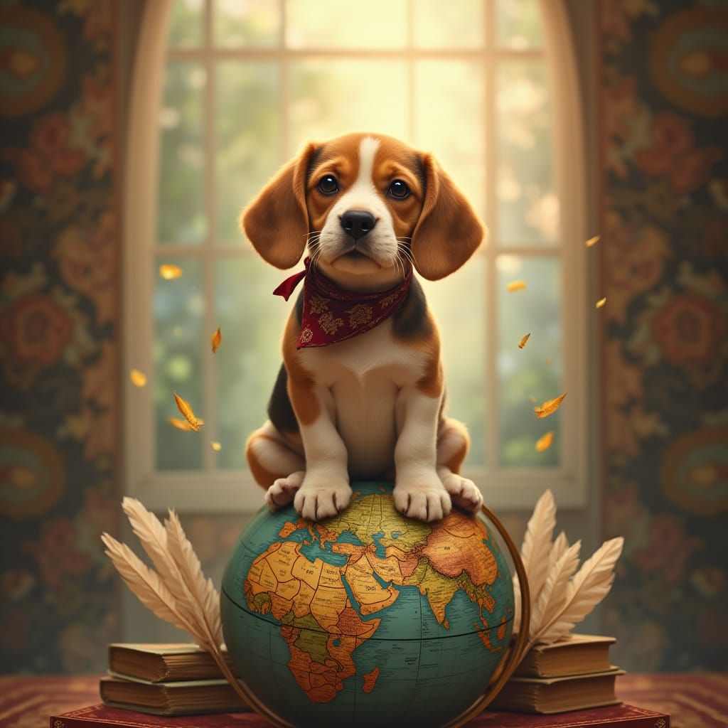 Bandana Beagle Puppy on Globe, Fantasy Art