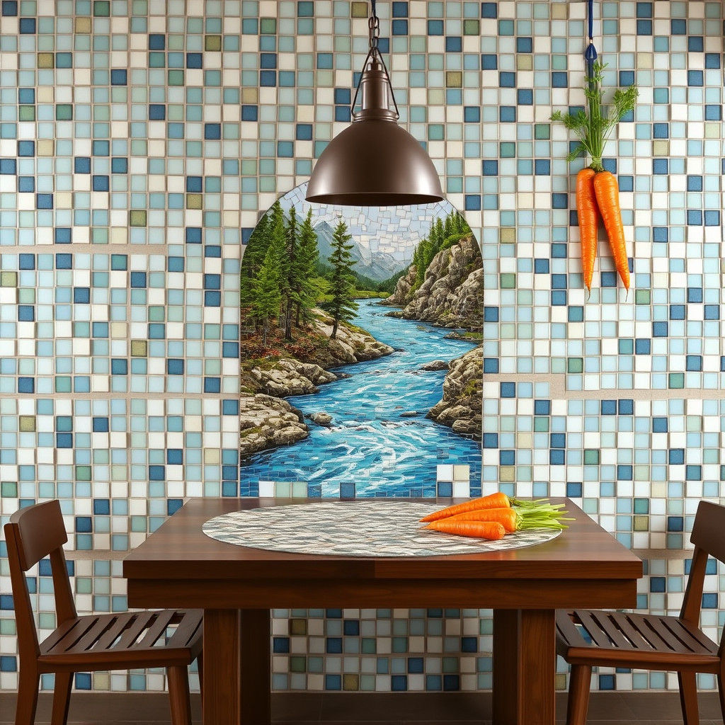 Surreal Mosaic: River, Table, and Carrots