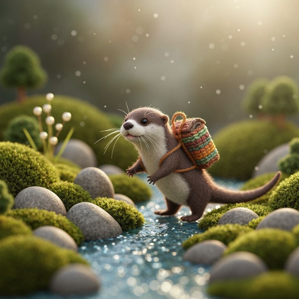 Otter Exploring Miniature World in Cozy Storybook Style