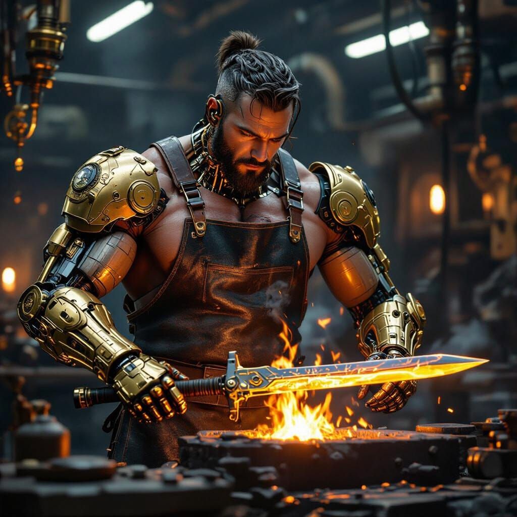 Cyborg Blacksmith Forging a Sword: Steampunk Cyberpunk Art