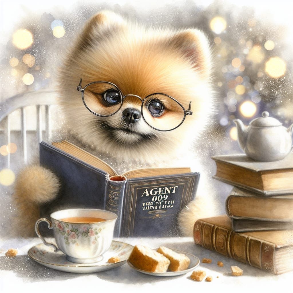 Cozy English Watercolor Masterpiece: Pomeranian in Reading S...