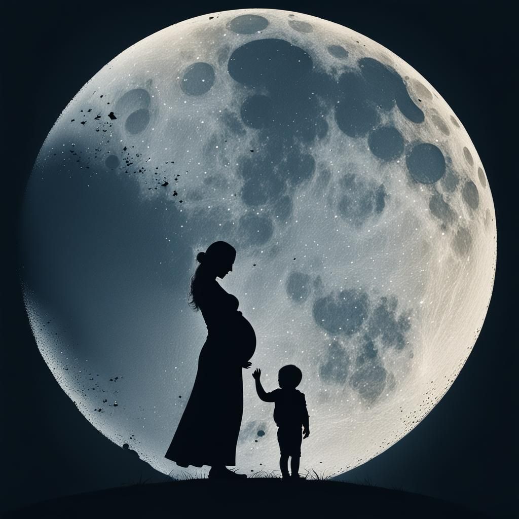 Pregnant Woman and Child Silhouetted by Moon
